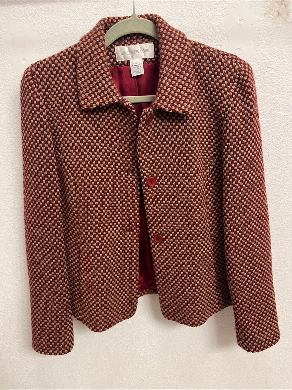 Jones New York Women's Red & Cream Textured Button Wool Jacket